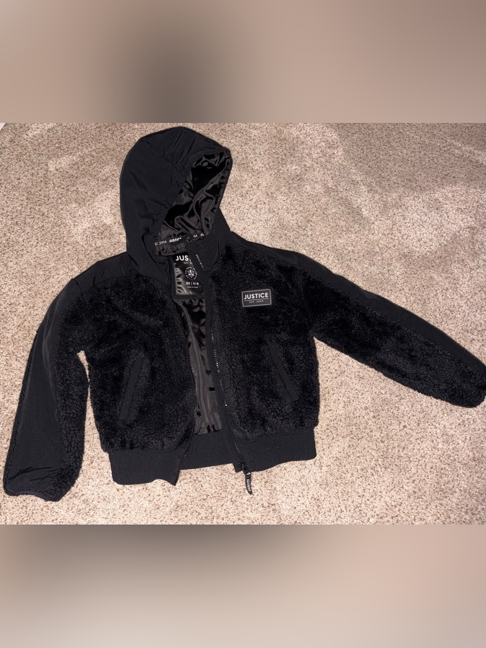 Justice Black Faux-Fur Hooded Bomber Jacket